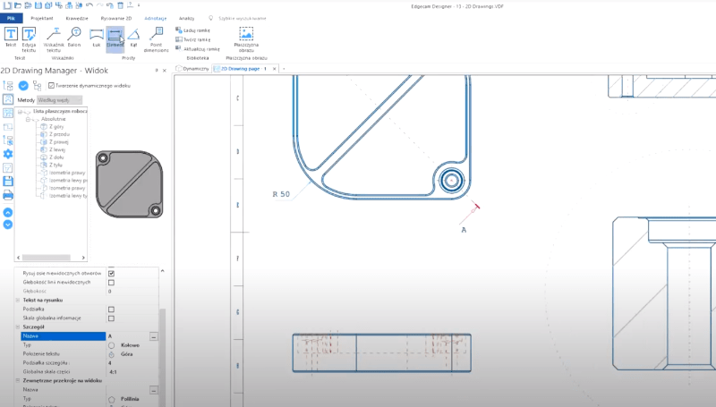 Dzięki EDGECAM | Designer możemy nie tylko modelować bezpośrednio bryły czy powierzchnie, ale również przenosić wykonane elementy na dokumentację płaską. Służy do tego okno „Rysowanie 2D”.